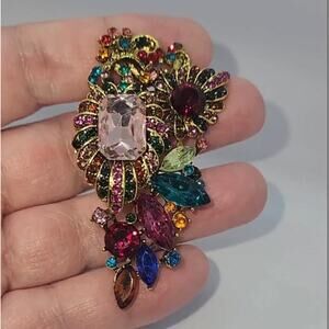 Art Deco Floral Brooch: Rhinestone Faux Jewel, Deep Colors